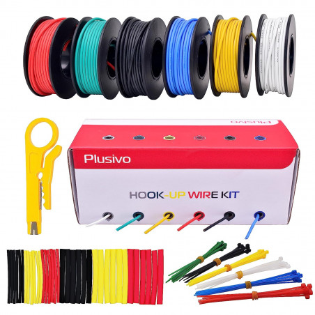Plusivo 22AWG Hook up Wire Kit -  600V Tinned Stranded Silicone Wire of 6 Different Colors x 23 ft each