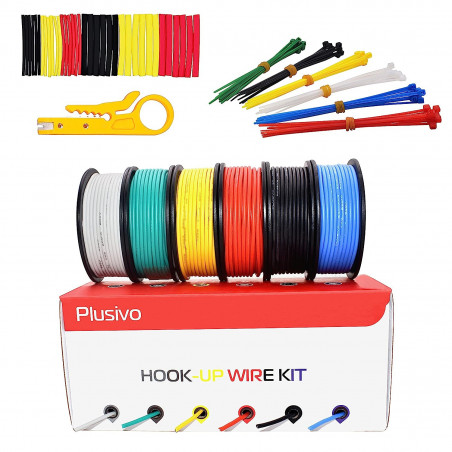 Plusivo 24AWG Hook up Wire Kit -  600V Tinned Stranded Silicone Wire of 6 Different Colors x 9 m (30 ft) each